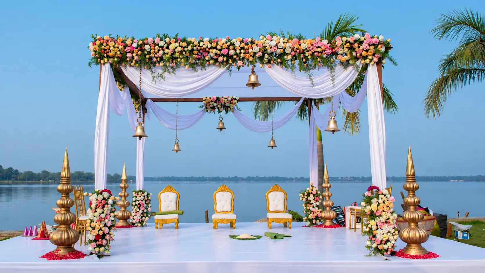 Floral wedding mandap overlooking the water