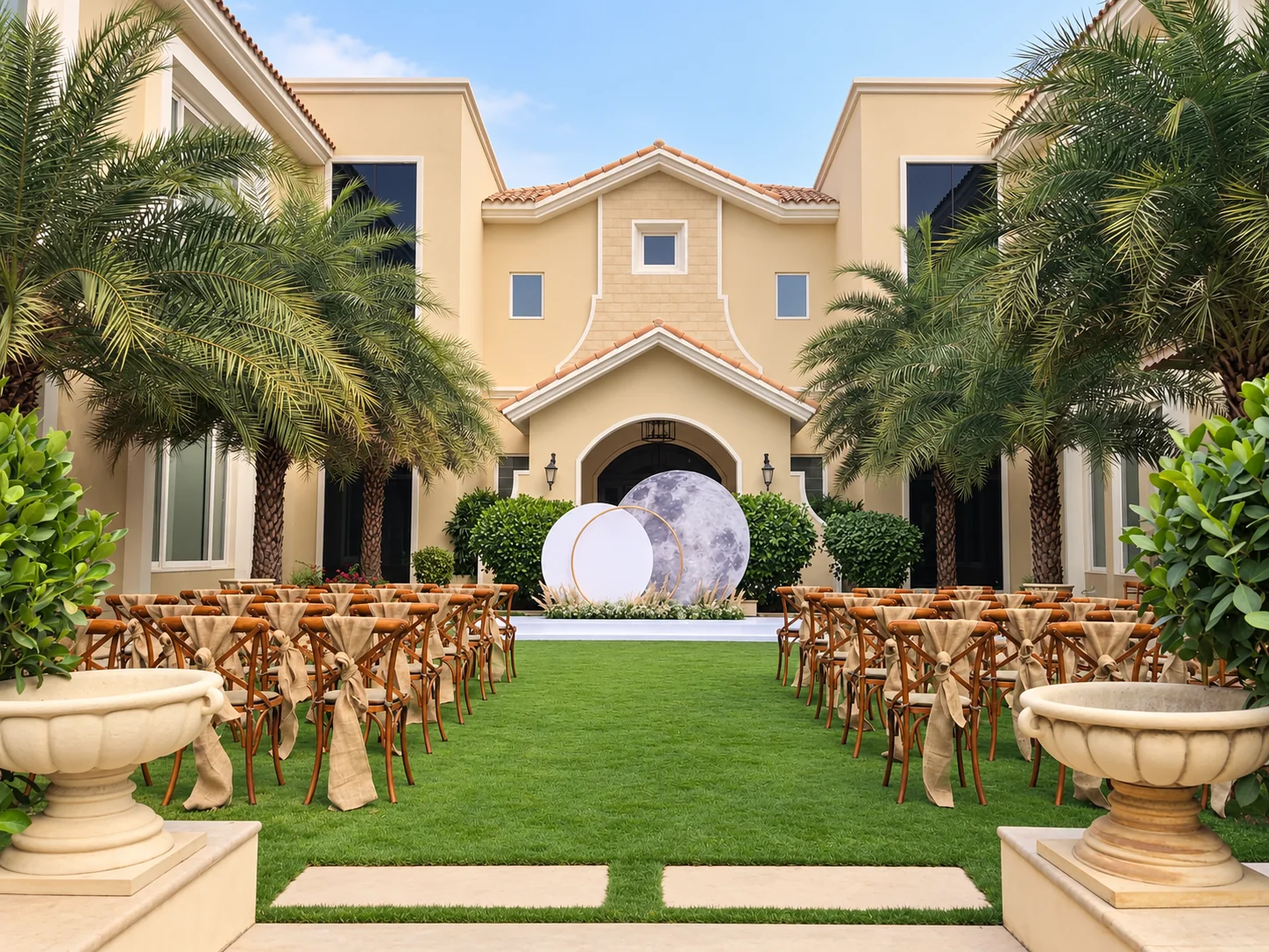 Moon-themed ceremony backdrop and wooden guest chairs on a villa lawn