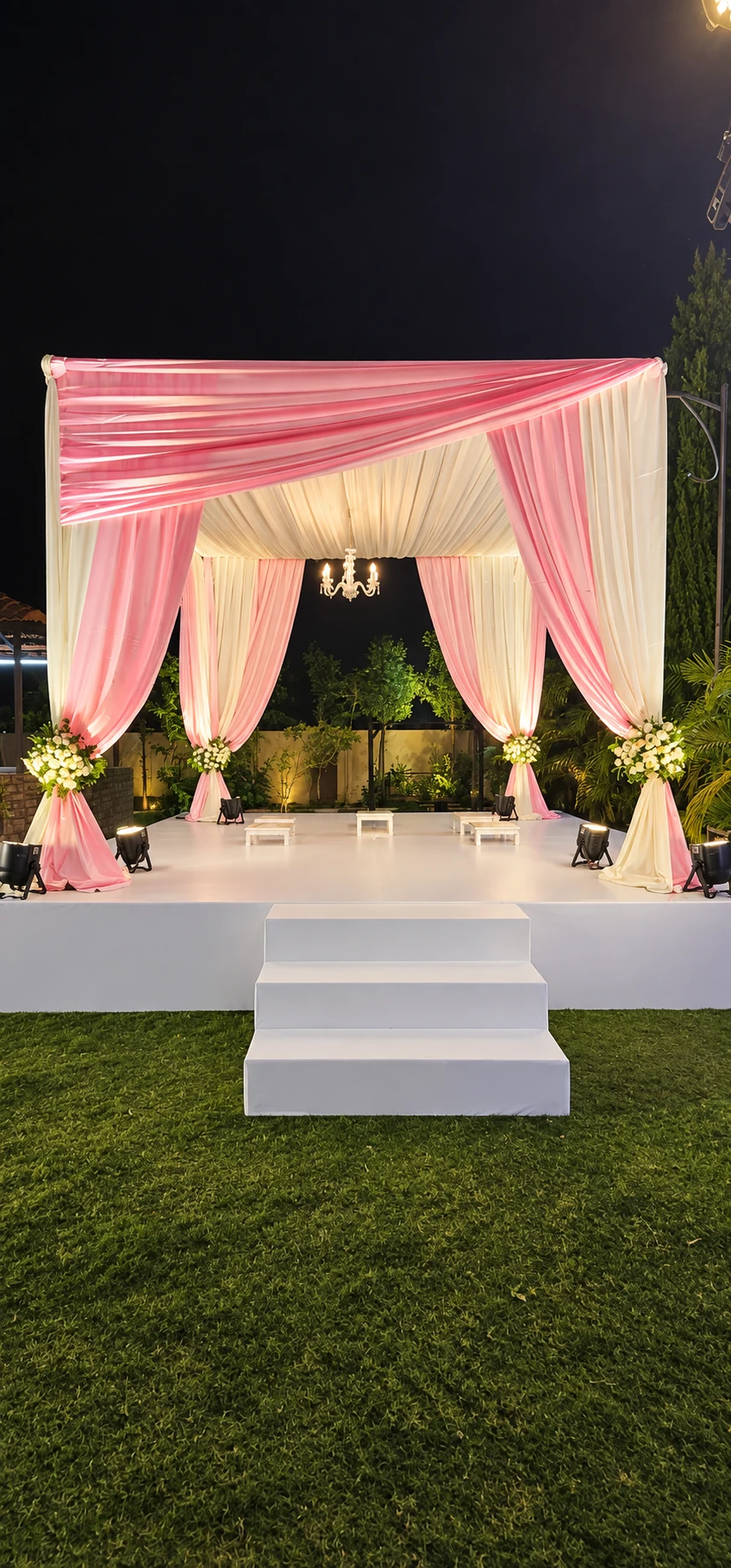 Pink and ivory draped outdoor mandap with a chandelier