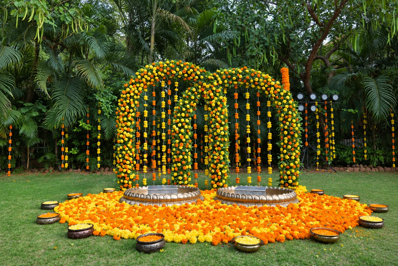 Twin marigold arches with traditional silver haldi bowls