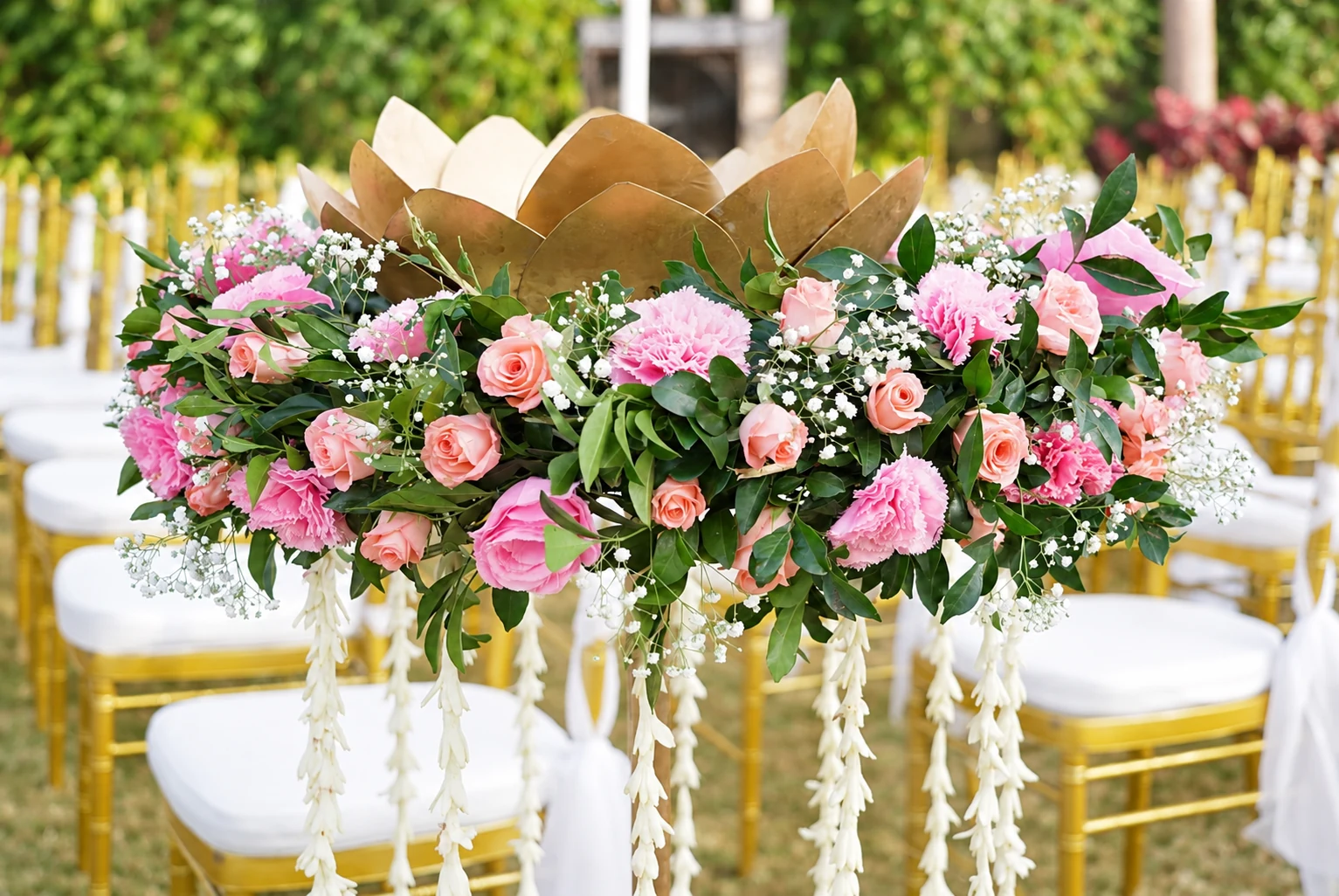 Gold lotus centerpiece with pink roses and jasmine garlands